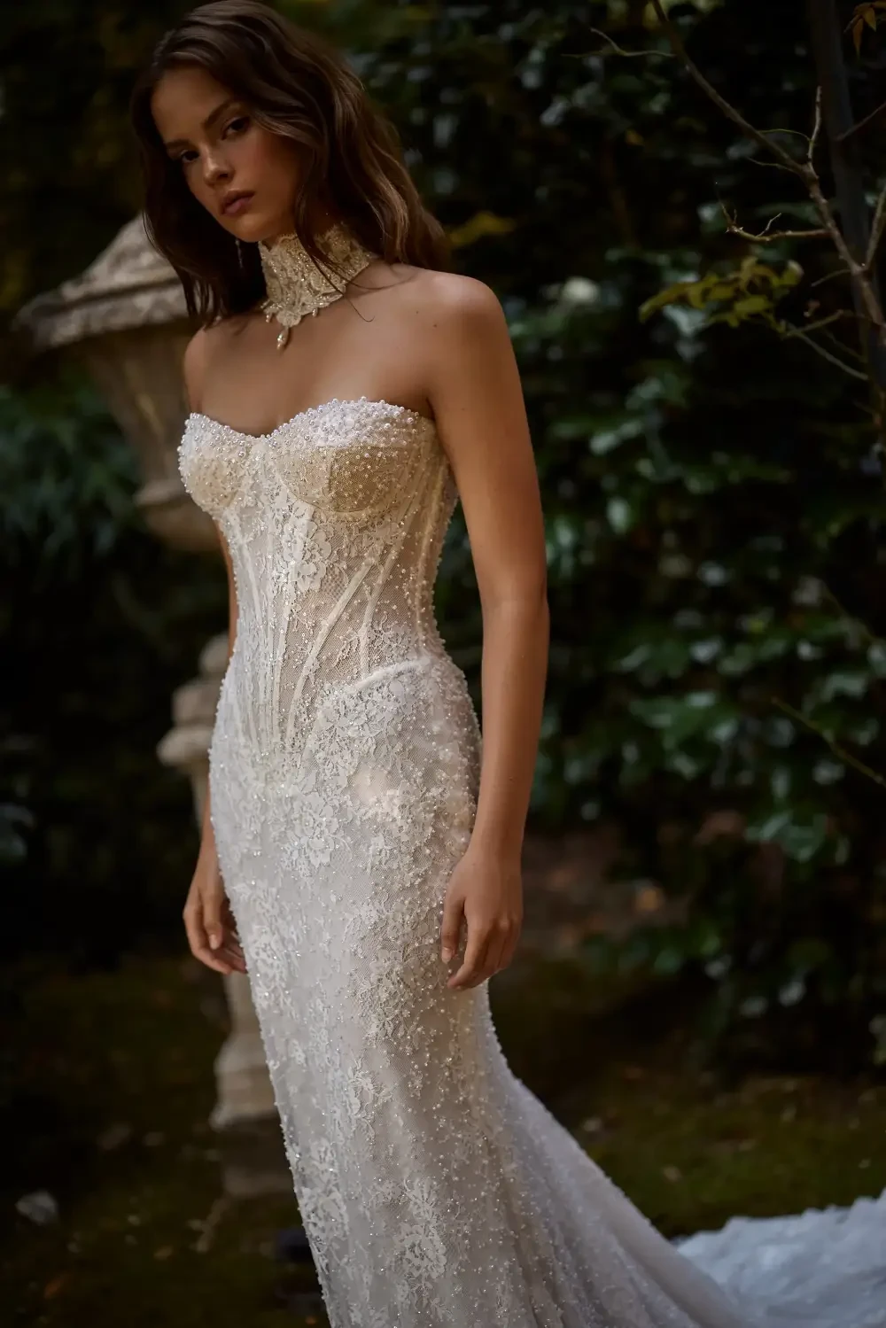model is wearing a strapless bridal gown