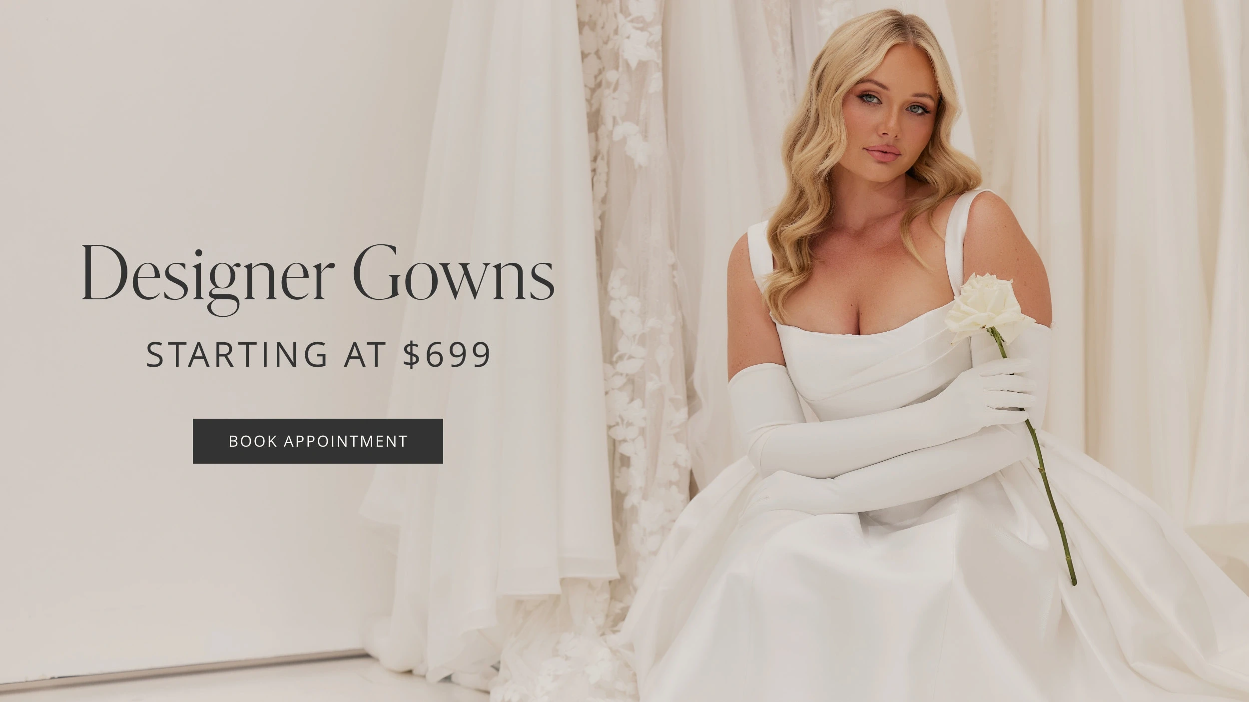 Model wearing simple wedding gown, desktop banner