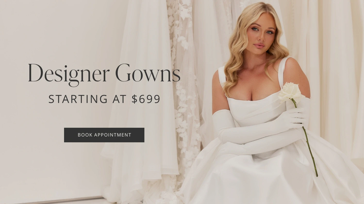 Model wearing simple wedding gown, mobile banner