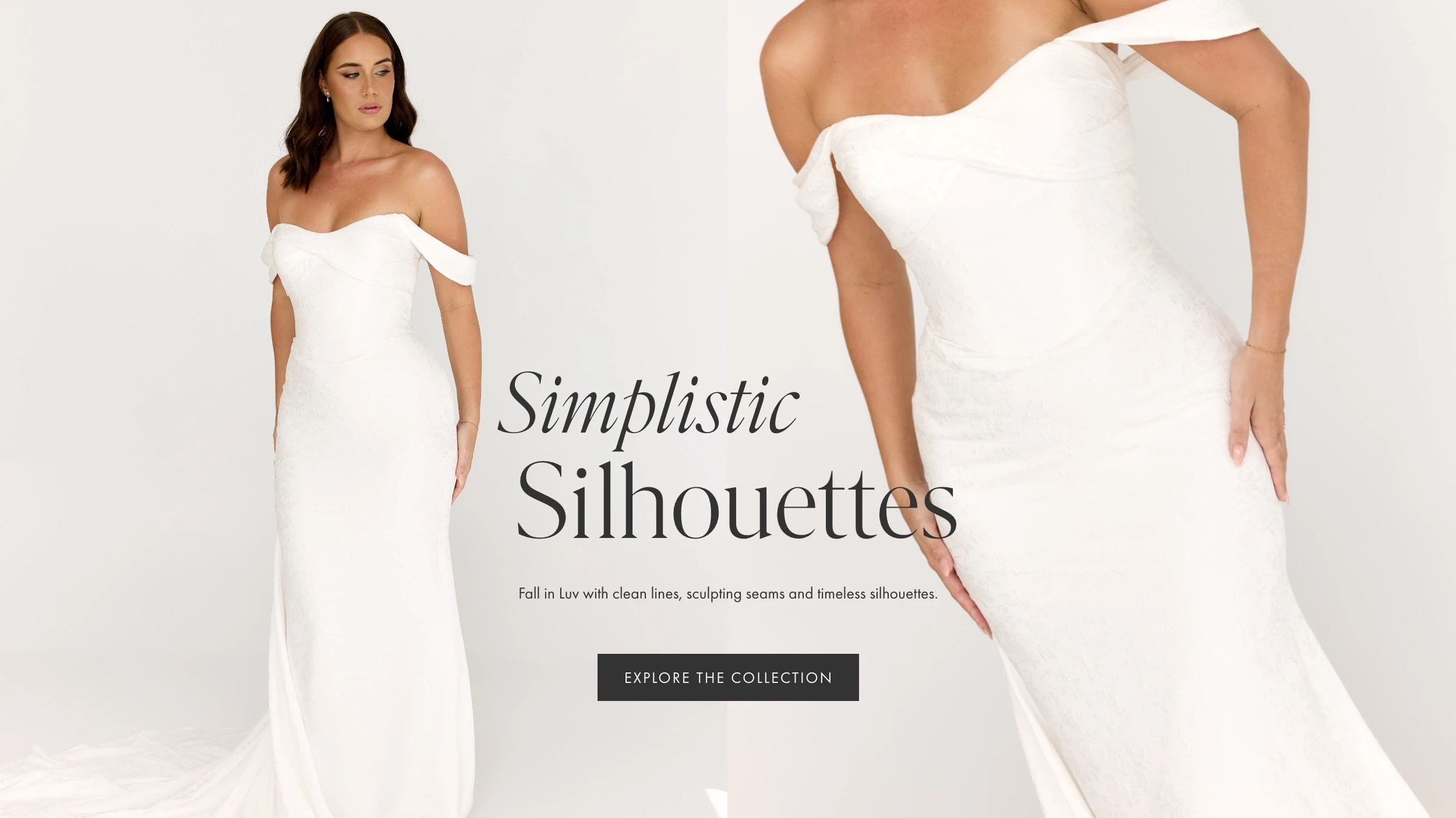 model wearing simple bridal gown, desktop banner