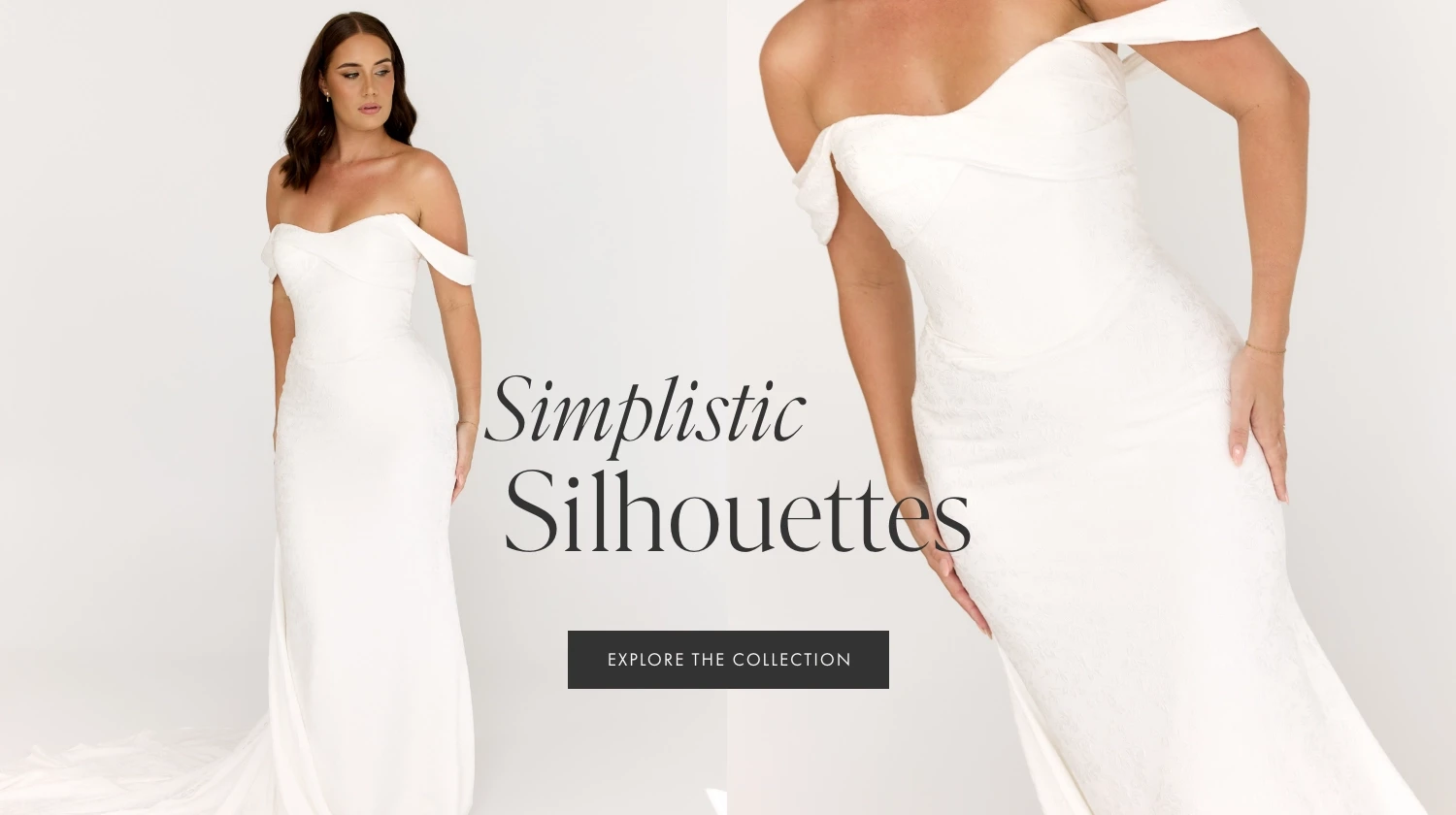 model wearing simple bridal gown, mobile banner